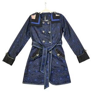Custo Barcelona Womens Trench Coat Size Small 38 Blue Abstract Art To Wear Silk‎